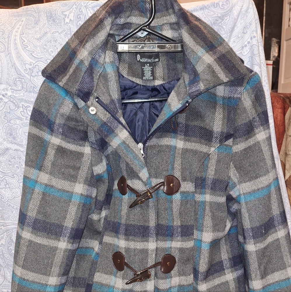 Signature/Studio Ladies Size Large Navy Gray Light Blue Hooded Jacket